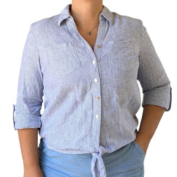 JM Collection Blue White Striped Textured Button Down Collared Shirt Top Size 8 - Picture 1 of 6